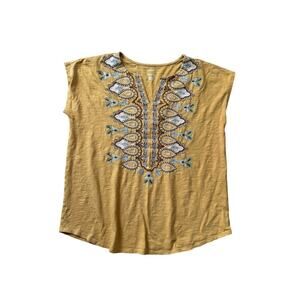 J. Jill Yellow t-shirt, Embroidered Design; Cap sleeves; Medium; 100% Cotton